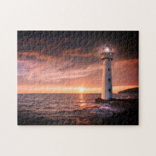 Scenic Lighthouse Sunset Ocean Beach Landscape Jigsaw Puzzle