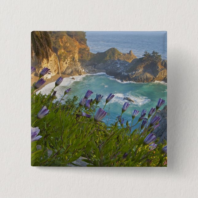 Scenic McWay Falls tumbles into the beach and Pinback Button (Front)