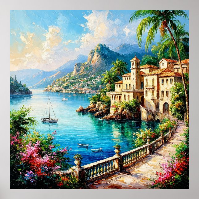 Scenic Mediterranean Coastal Village Poster (Front)