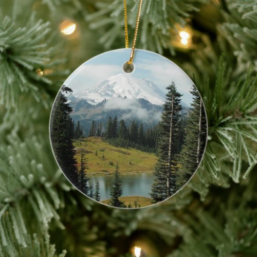 Scenic Mount Rainier Landscape Holiday Ceramic Ornament