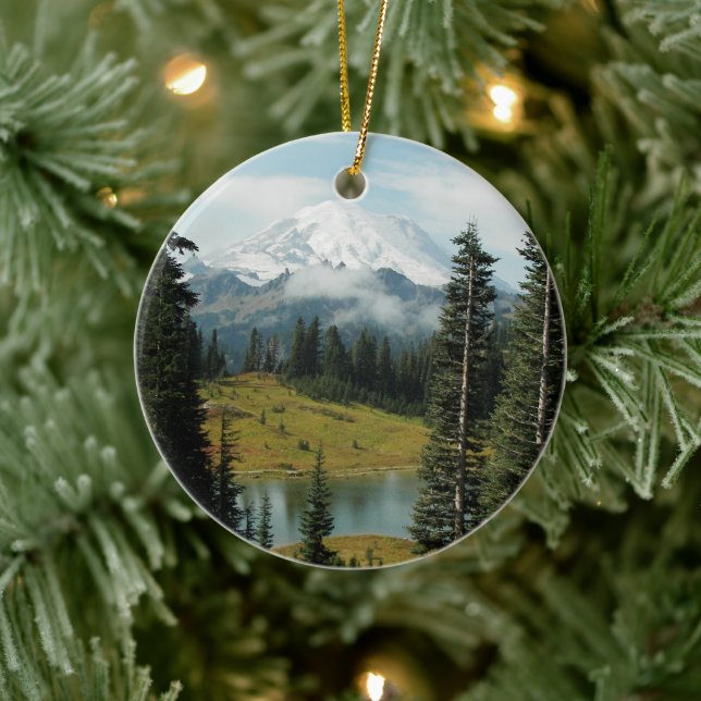 Scenic Mount Rainier Landscape Holiday Ceramic Ornament (Tree)