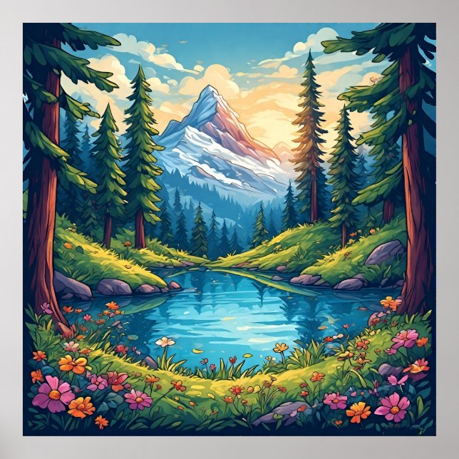 Scenic Mountain Landscape with Lake Reflections Poster (Front)