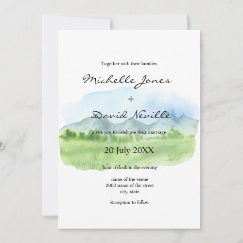 Scenic Mountain Range Watercolor Ink Wedding Invitation