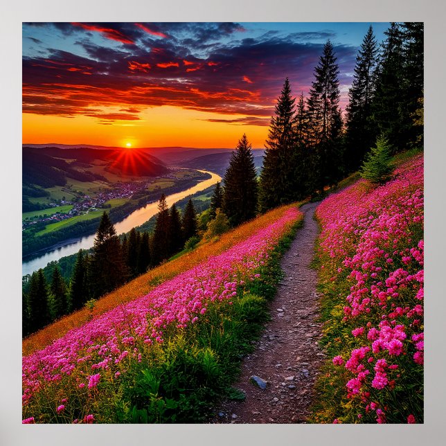 Scenic Mountain Sunset with Wildflowers Poster (Front)