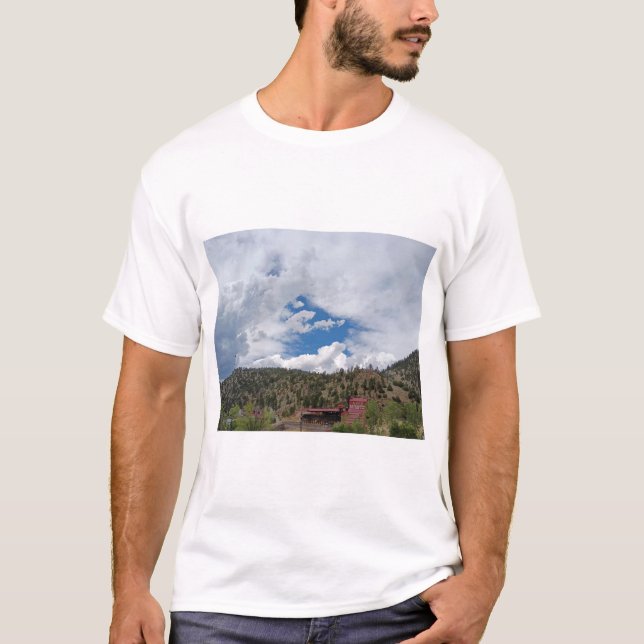 Scenic Mountain Town Landscape with Red Buildings, T-Shirt (Front)