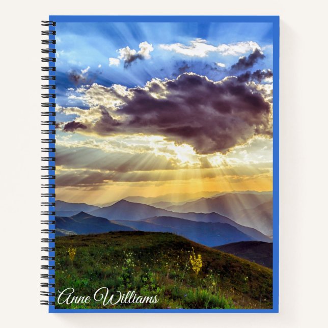 Scenic Mountain View Sun Bursting Through Clouds Notebook (Front)