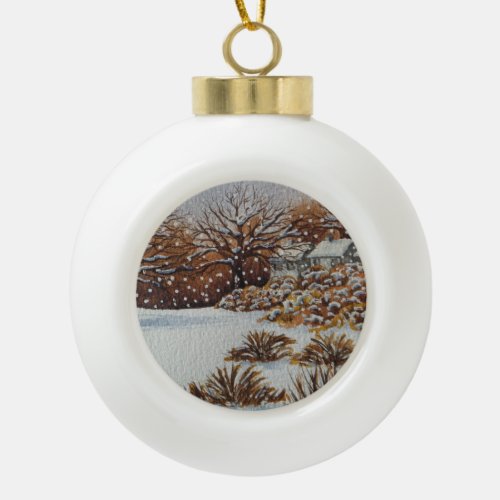 scenic picture of rural cottages in the snow  ceramic ball christmas ornament