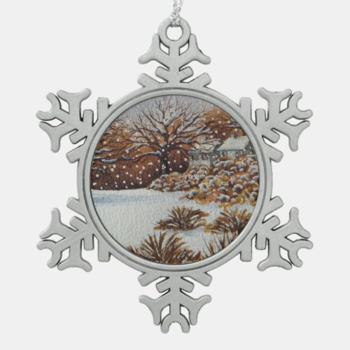 scenic picture of rural cottages in the snow   snowflake pewter christmas ornament