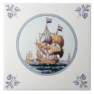 Scenic Polychrome Repro Delft Ships Ceramic Tile