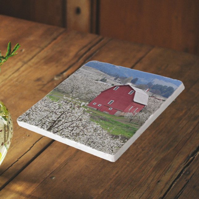Scenic Red Barn and Pear Blossoms Trivet (In Situ)