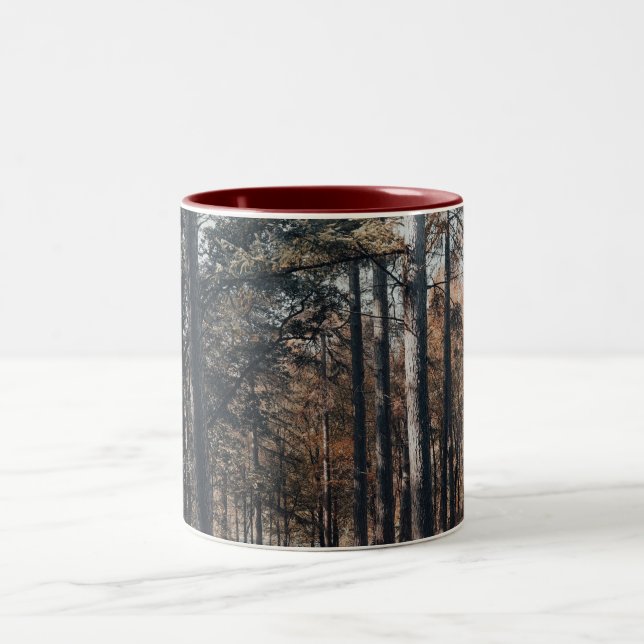 Scenic relaxing forest Two-Tone coffee mug (Center)