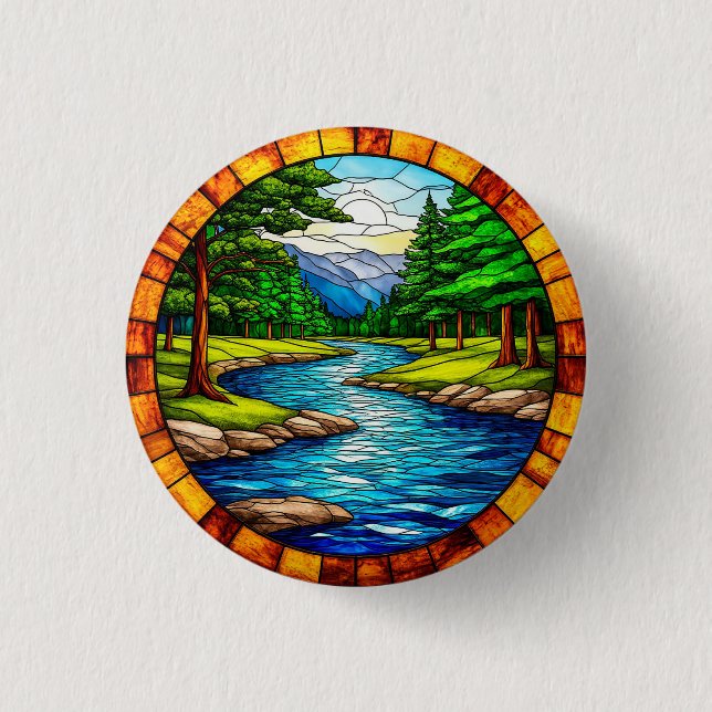 Scenic River and Forest Landscape Button (Front)