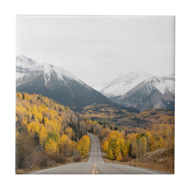 Scenic Road Through Fall Colors and Mountains Ceramic Tile (Front)