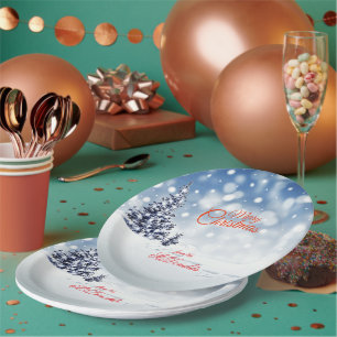 Scenic Snow and Christmas trees Personalize Paper Plates