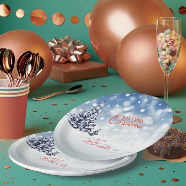 Scenic Snow and Christmas trees Personalize Paper Plates (Multi)