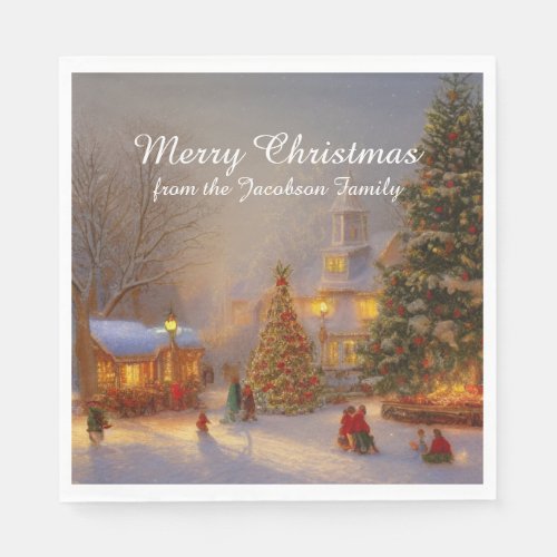 Scenic Snow Christmas Trees In Quaint Village Napkins