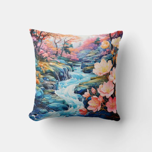 Scenic Spring River Watercolor Landscape Throw Pillow
