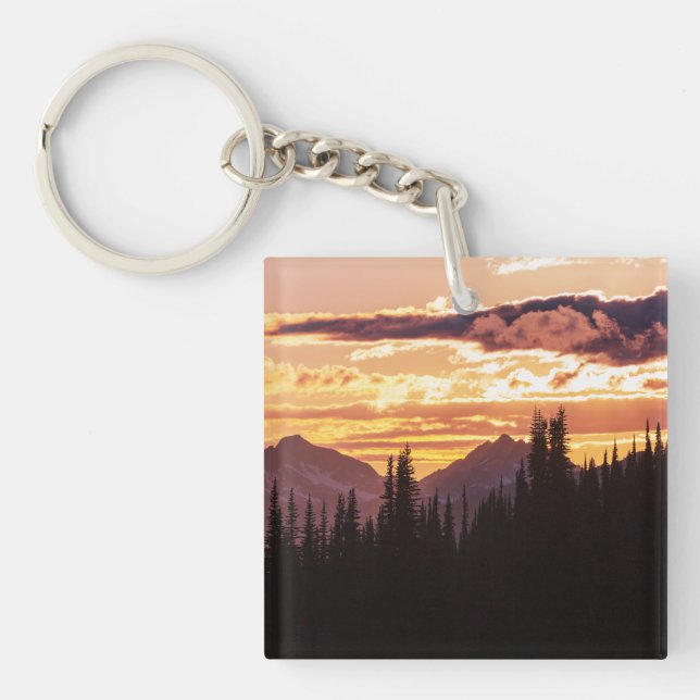 Scenic Sunset Mountains Jungle Pine trees Fall Jig Keychain (Front)