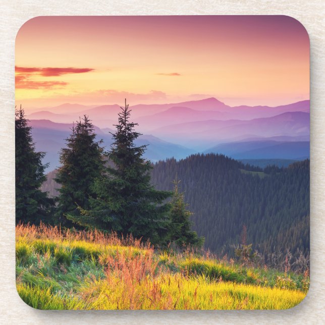 Scenic Sunset Mountains Jungle Pine trees Fall Thr Beverage Coaster (Front)