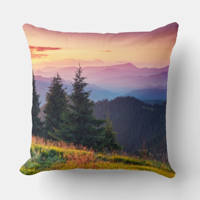 Scenic Sunset Mountains Jungle Pine trees Fall Throw Pillow (Front)