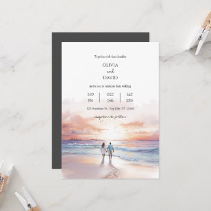 Scenic Sunset Over Ocean Watercolor Beach Wedding Invitation