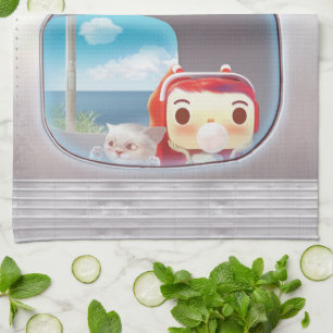 Scenic Train Ride: Bunny Girl & Cat Window Seat Kitchen Towel