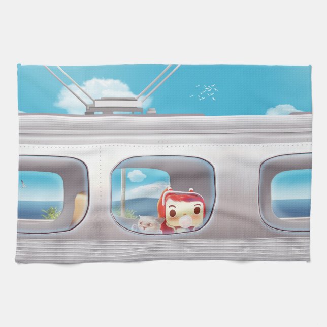 Scenic Train Ride: Bunny Girl & Cat Window Seat Kitchen Towel (Horizontal)