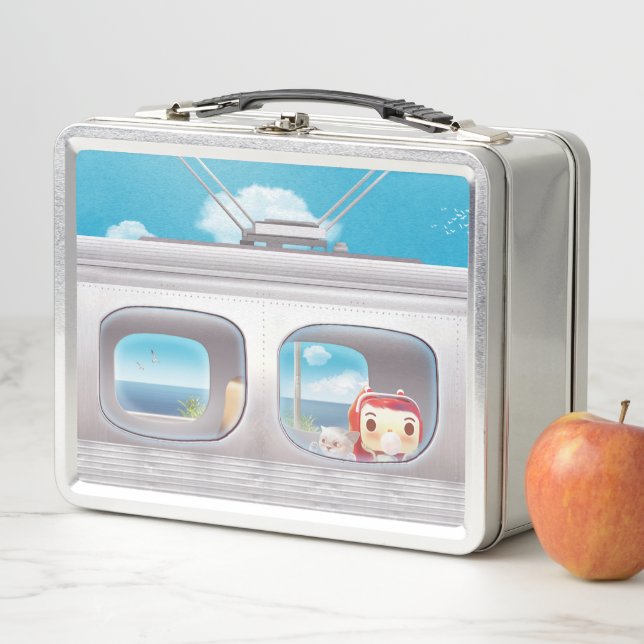 Scenic Train Ride: Bunny Girl & Cat Window Seat Metal Lunch Box (In Situ)