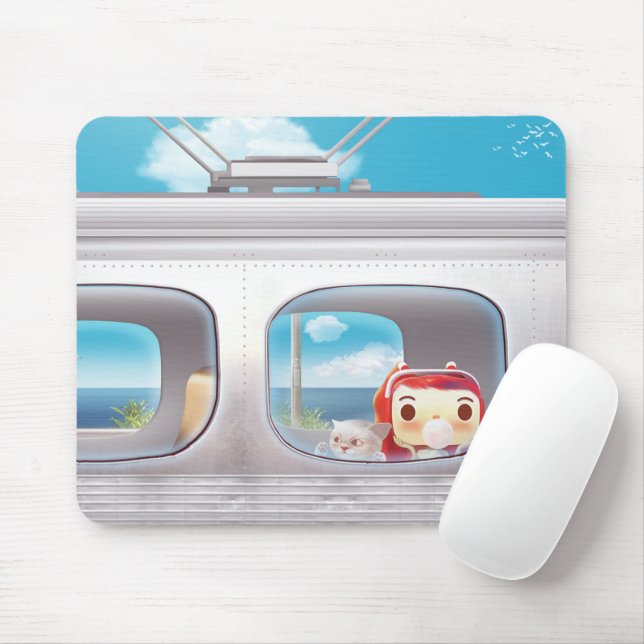 Scenic Train Ride: Bunny Girl & Cat Window Seat Mouse Pad (With Mouse)