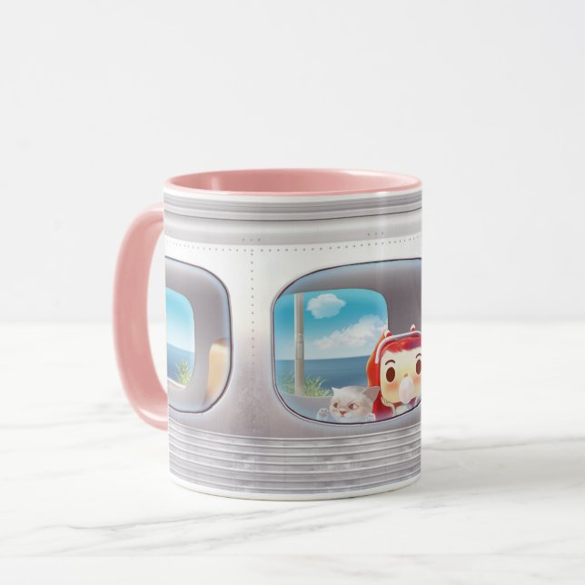Scenic Train Ride: Bunny Girl & Cat Window Seat Mug (Front Left)