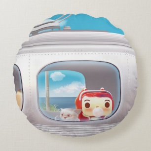 Scenic Train Ride: Bunny Girl & Cat Window Seat Round Pillow