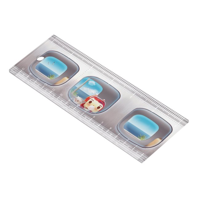 Scenic Train Ride: Bunny Girl & Cat Window Seat Ruler (Angled)