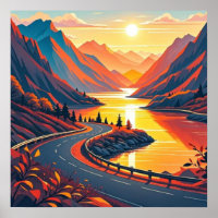 Scenic travel on winding road, sunsets