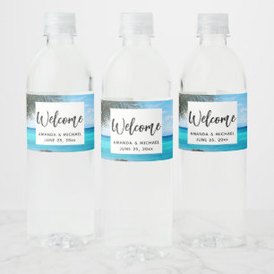 Scenic Tropical Beach Palm Tree Wedding Welcome Water Bottle Label