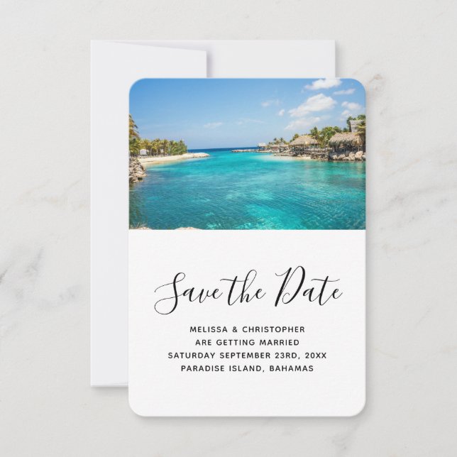Scenic Tropical Beach Resort Destination Wedding Save The Date (Front)