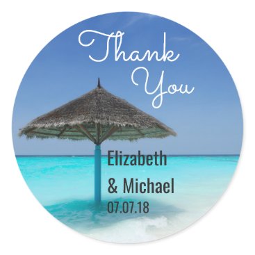 Scenic Tropical Beach Wedding Thanks Classic Round Sticker Scenic Tropical Beach Wedding Thanks Classic Round Sticker