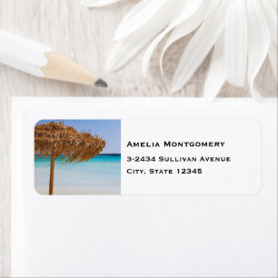 Scenic Tropical Beach with Straw Umbrella Address Label