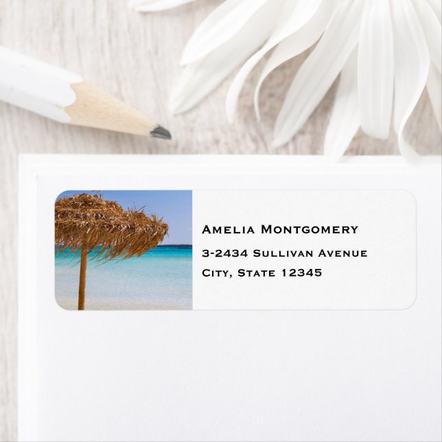 Scenic Tropical Beach with Straw Umbrella Address Label (Insitu)