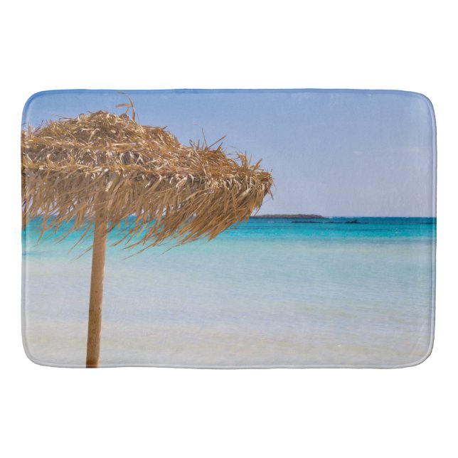 Scenic Tropical Beach with Straw Umbrella Bath Mat (Front)