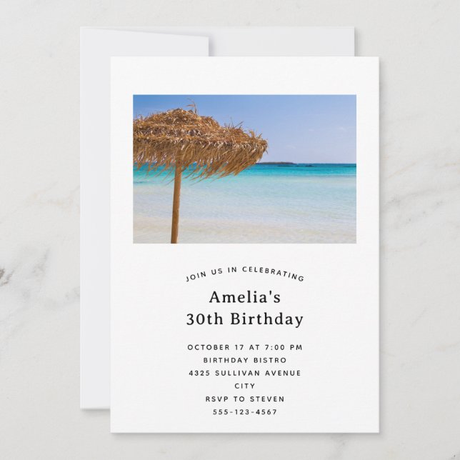 Scenic Tropical Beach with Straw Umbrella Birthday Invitation (Front)