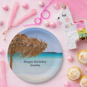 Scenic Tropical Beach with Straw Umbrella Birthday Paper Plates