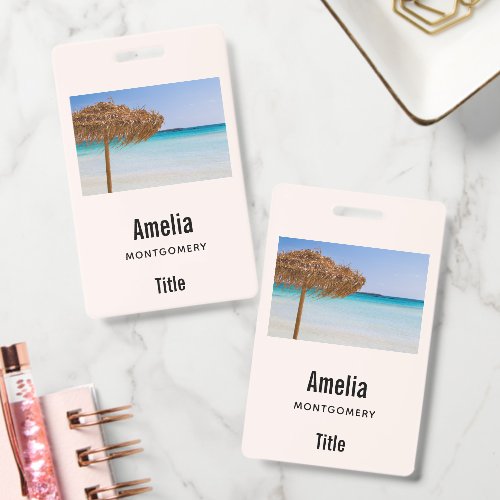 Scenic Tropical Beach with Straw Umbrella Business Badge