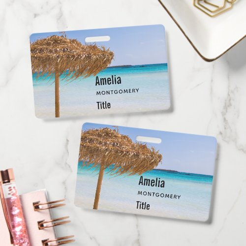 Scenic Tropical Beach with Straw Umbrella Business Badge