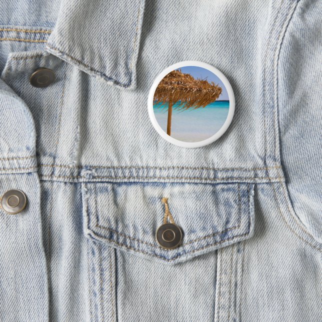 Scenic Tropical Beach with Straw Umbrella Button (In Situ)