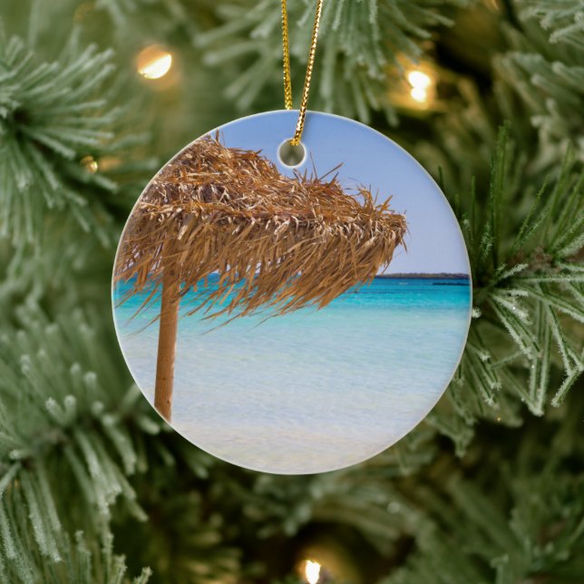 Scenic Tropical Beach with Straw Umbrella Ceramic Ornament (Tree)