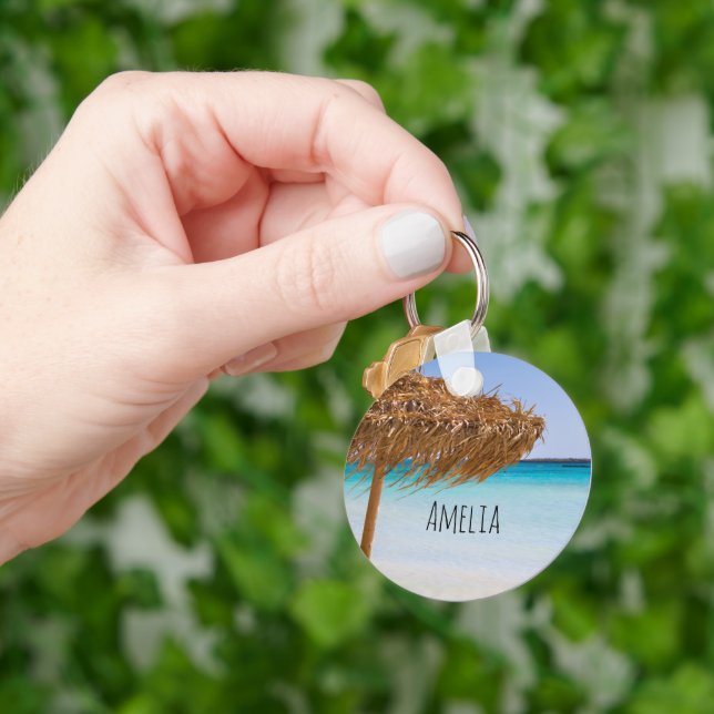 Scenic Tropical Beach with Straw Umbrella Keychain (Hand)
