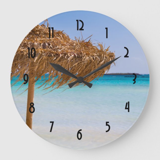 Scenic Tropical Beach with Straw Umbrella Large Clock (Front)