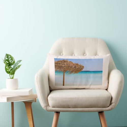 Scenic Tropical Beach with Straw Umbrella Lumbar Pillow