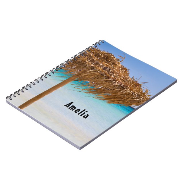 Scenic Tropical Beach with Straw Umbrella Notebook (Left Side)