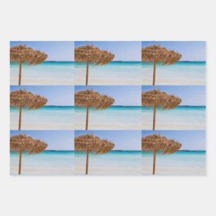 Scenic Tropical Beach with Straw Umbrella Pattern Wrapping Paper Sheets